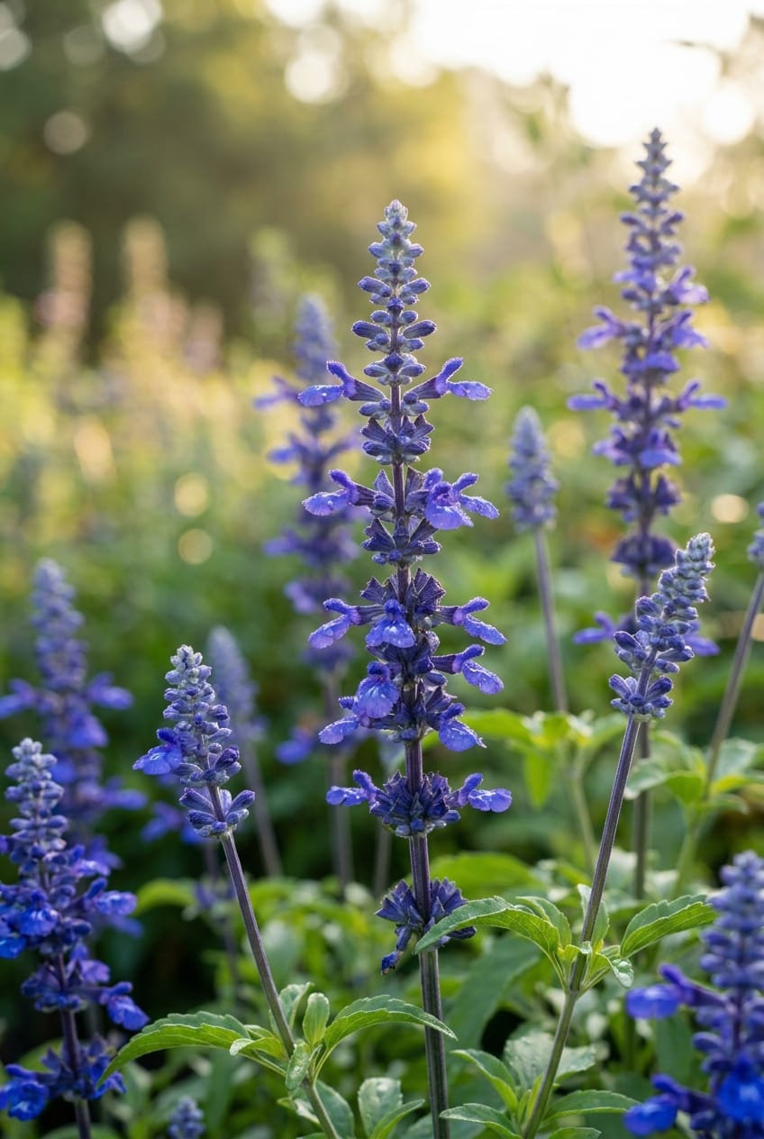 Striking, deep blue native salvia spikes, vertical composition, garden backdrop, soft afternoon light, high-resolution floral photography
