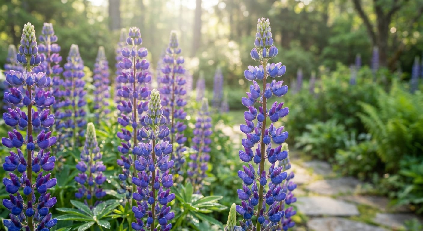 Tall, dramatic spikes of blue and purple lupine flowers, spring garden setting, soft morning light, shallow depth of field, high-end editorial style