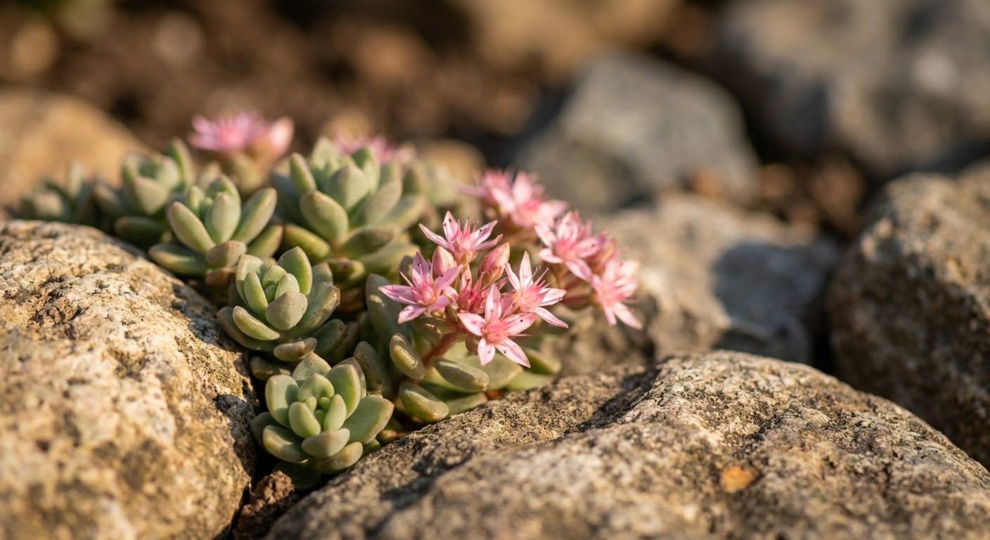 Succulent-like sedum leaves with clusters of tiny, star-shaped pink flowers, rocky garden setting, warm sunlight, macro photography, sharp detail