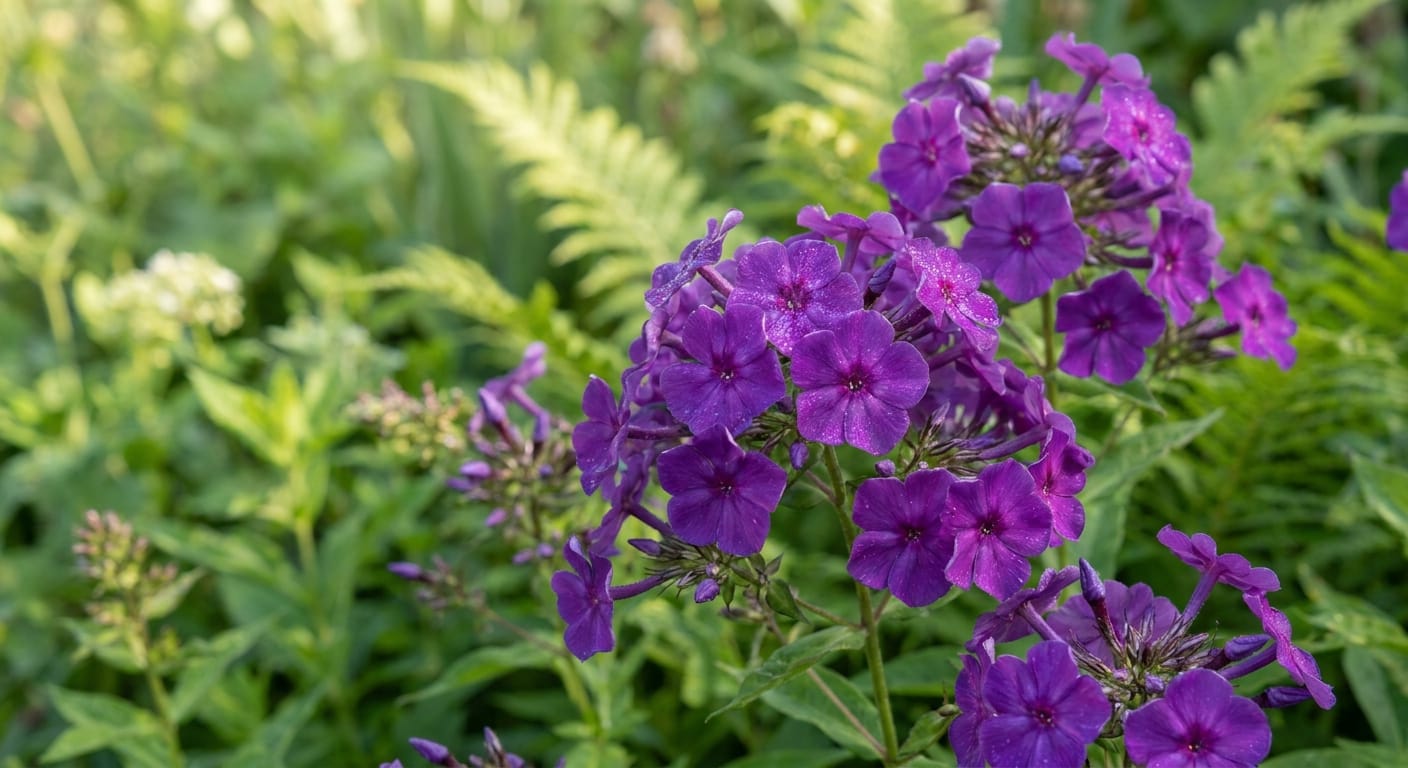 Clusters of fragrant, star-shaped purple garden phlox, lush green garden background, soft natural light, vibrant color, close-up shot