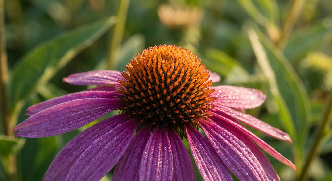 Close-up of a vibrant purple coneflower with a prominent, textured orange-brown center, surrounded by soft green foliage, morning dew, shallow depth of field, cinematic lighting