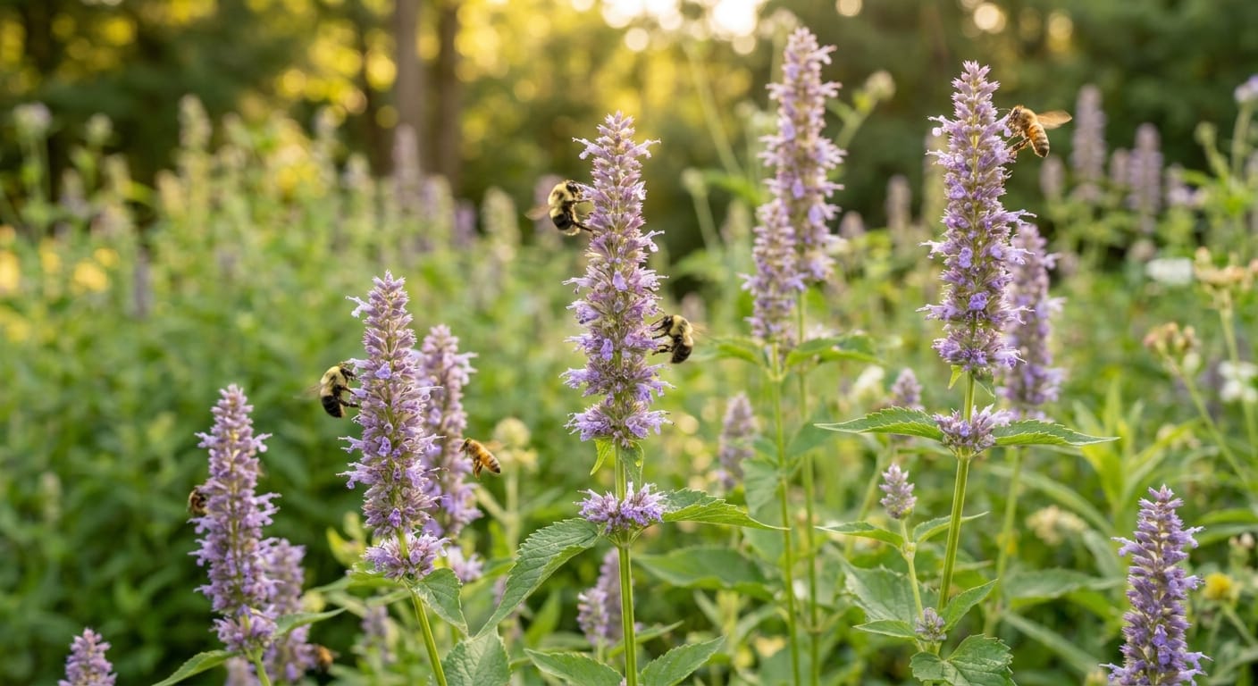 Spiky, lavender-purple anise hyssop flowers, bees hovering around, natural garden setting, soft sunlight, high-quality nature photography