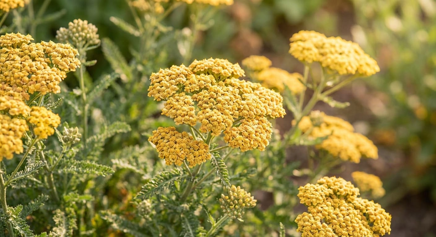 Flat, dinner-plate clusters of tiny yellow yarrow flowers, textured foliage, sunny garden, macro photography, warm tones, sharp focus