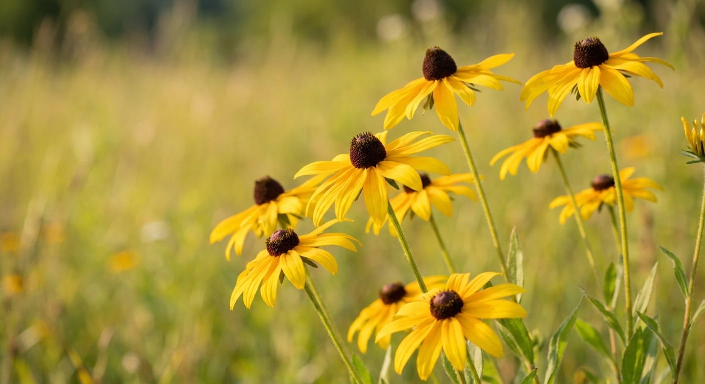 Vibrant yellow black-eyed Susans with dark chocolate centers, swaying in a gentle summer breeze, sun-drenched meadow background, high contrast, professional garden photography