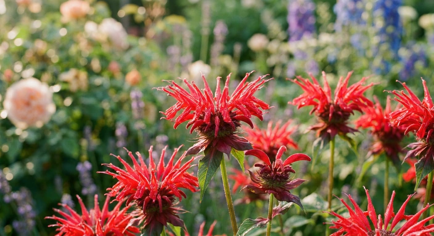 Bright scarlet red bee balm flowers with unique spiky, tubular petals, captured in a lush cottage garden, soft afternoon light, macro photography, vibrant colors