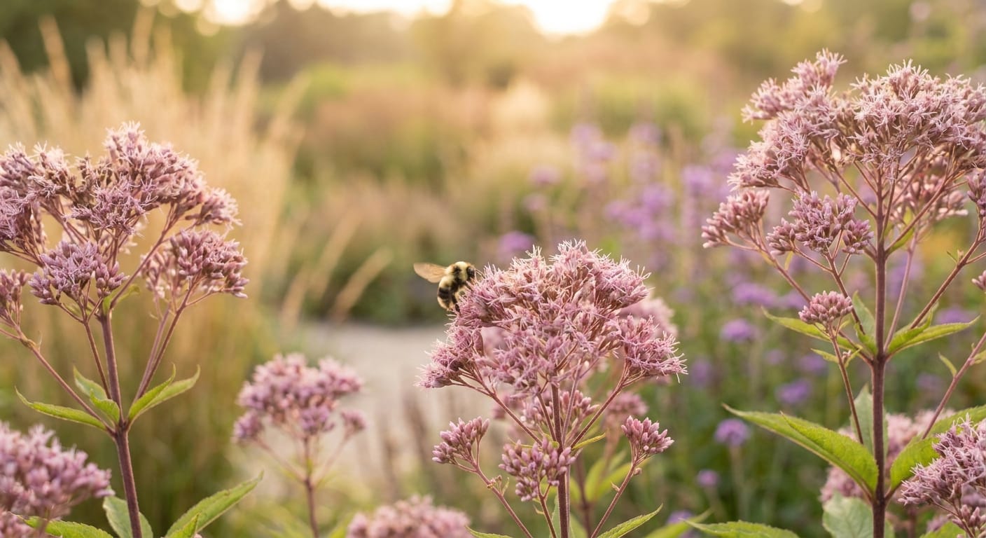 Tall, majestic stalks of dusty pink Joe Pye Weed blooms, towering over a garden, soft focus on a bumblebee landing on a flower head, warm late-summer lighting