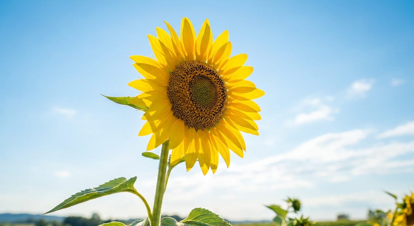 A large, sun-facing sunflower with bright yellow petals and a dense, pollen-rich center, shot from below against a bright blue sky, crisp detail, summer warmth