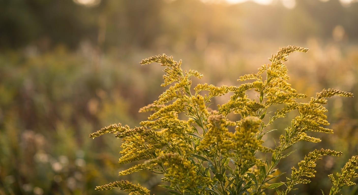 Golden, feathery plumes of late-season goldenrod, soft focus background, golden hour lighting, rich yellow and green tones, professional nature photography