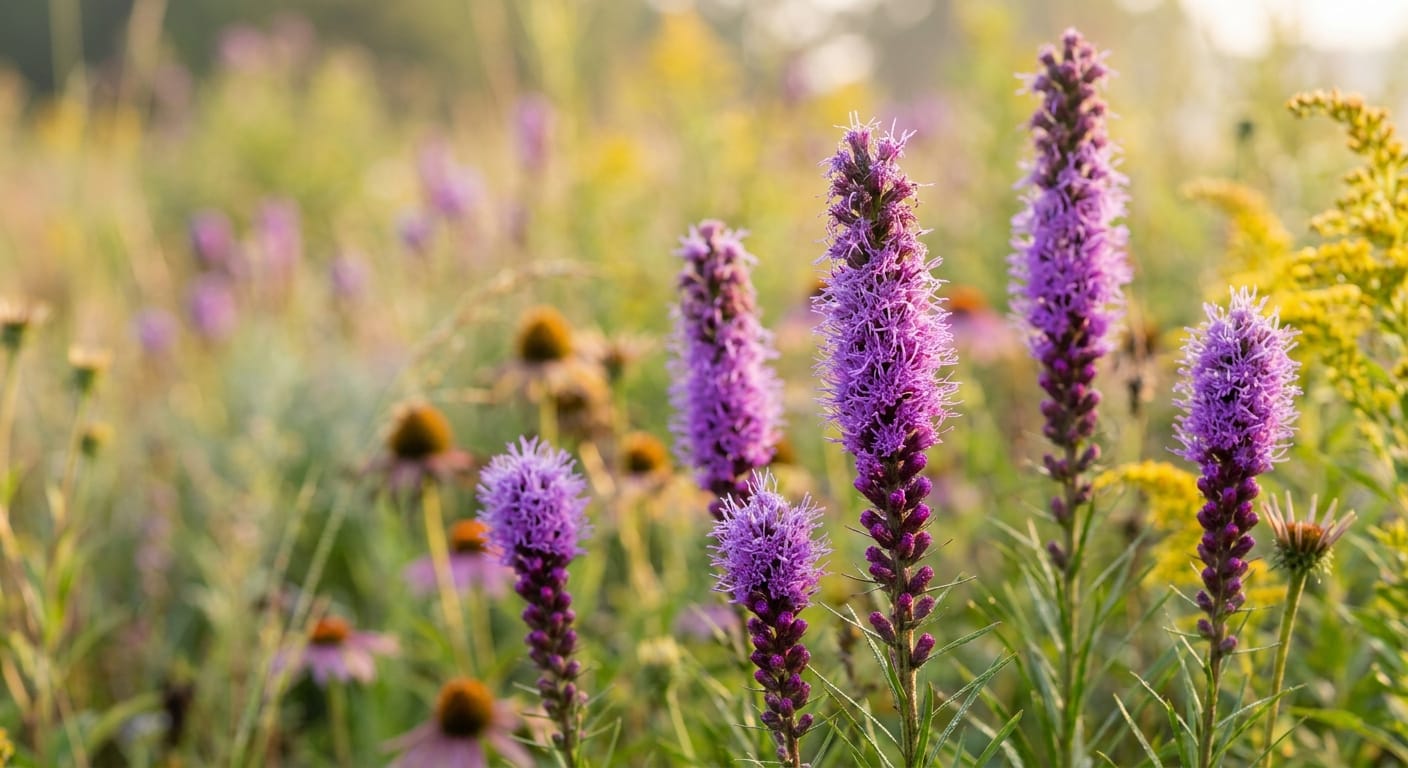 Stunning purple spikes of Liatris flowers reaching upward, captured in a prairie-style garden, soft morning light, bokeh background, macro lens detail