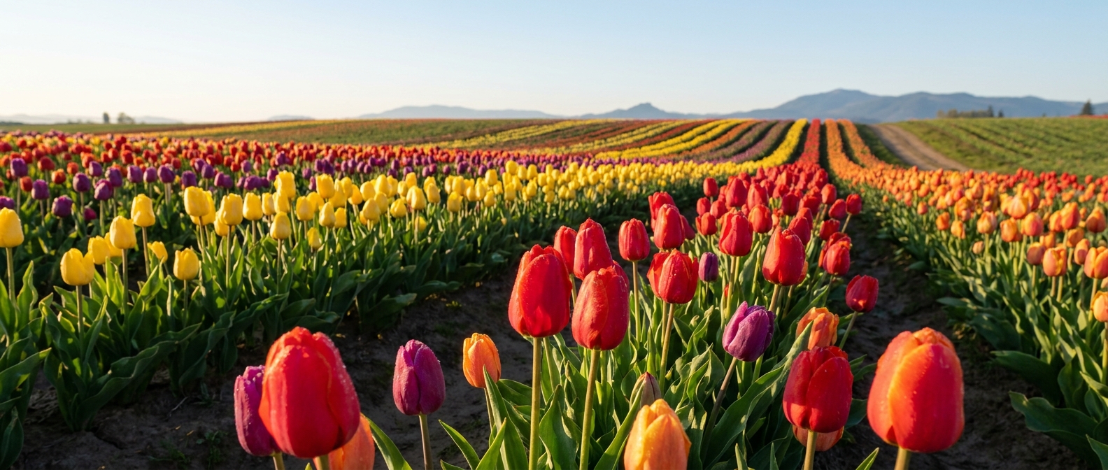Wide-angle shot of a vibrant, multi-colored field of tulips stretching toward a clear blue sky, soft morning sunlight, cinematic landscape photography