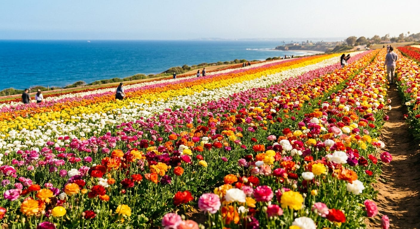 Massive hillside covered in rows of vibrant Ranunculus, ocean view in the distance, bright California sunshine, high-saturation travel photography