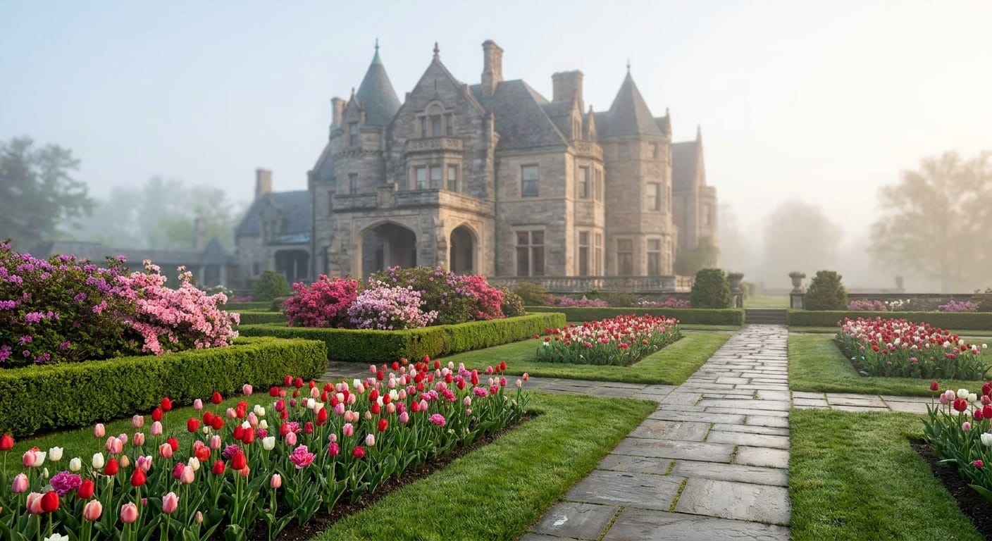 Ornate historic estate architecture surrounded by perfectly manicured spring gardens, tulips and azaleas in bloom, soft morning mist, editorial style photography