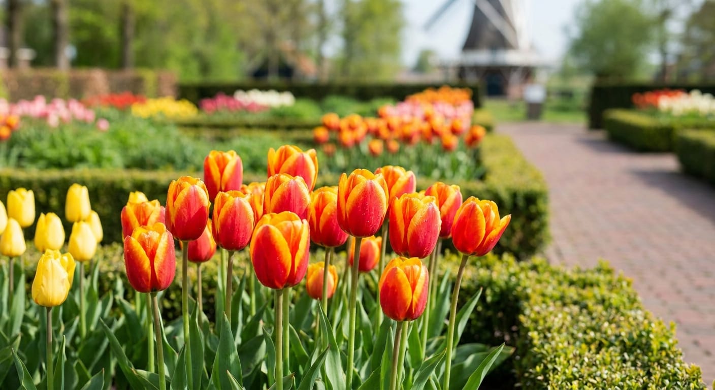 Close-up of vibrant red and yellow tulips in a manicured Dutch-style garden, soft focus background, bright daylight, professional gardening photography