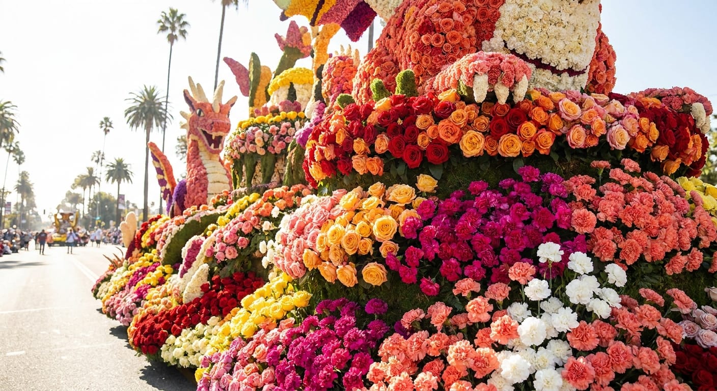 Massive, intricate float covered entirely in fresh flowers, vibrant roses and carnations, sunny Southern California day, high-detail editorial photography
