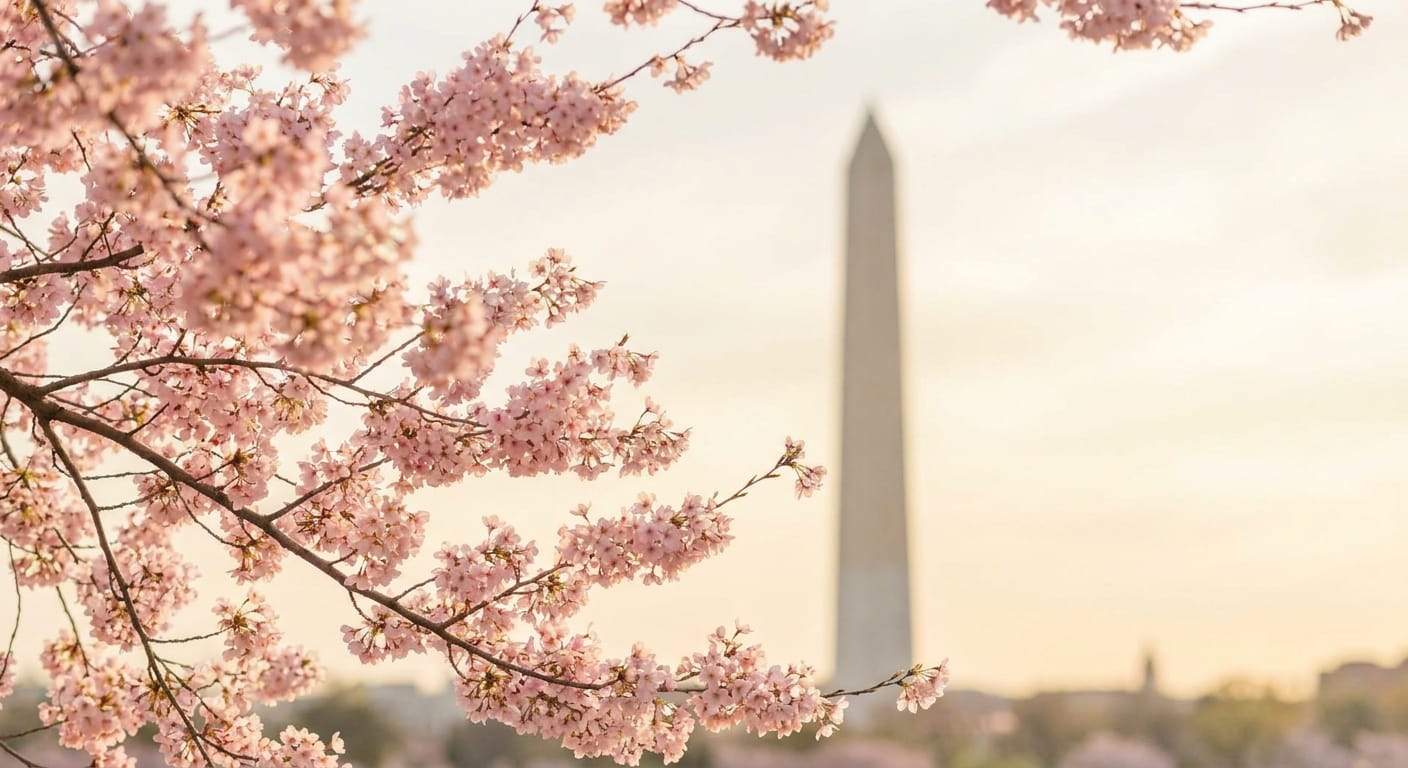 Delicate pink cherry blossoms framing the Washington Monument, soft spring lighting, dreamy atmosphere, travel photography