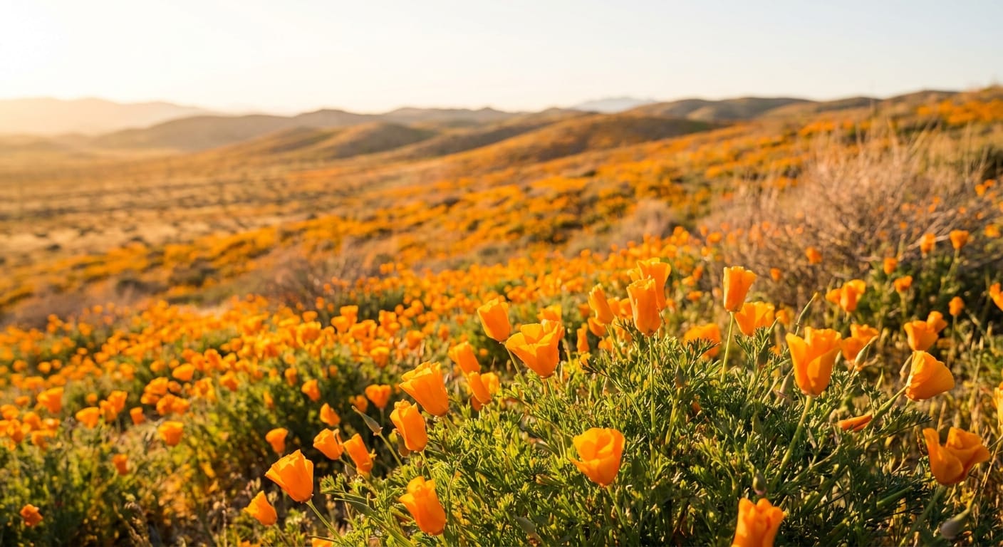 Rolling hills covered in bright orange California poppies, golden hour sunlight, vast desert landscape, nature photography