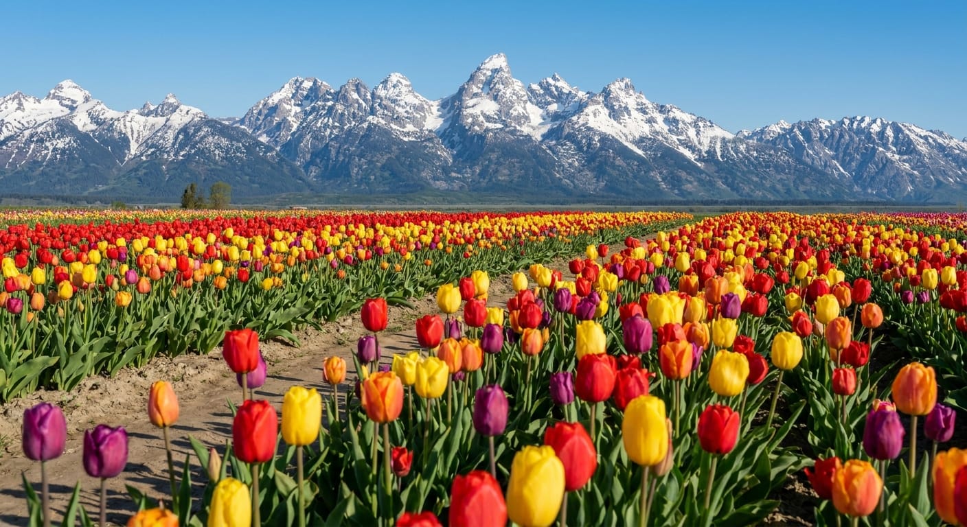 Vibrant rows of multi-colored tulips with snow-capped mountains in the background, crisp mountain air, high-definition landscape photography