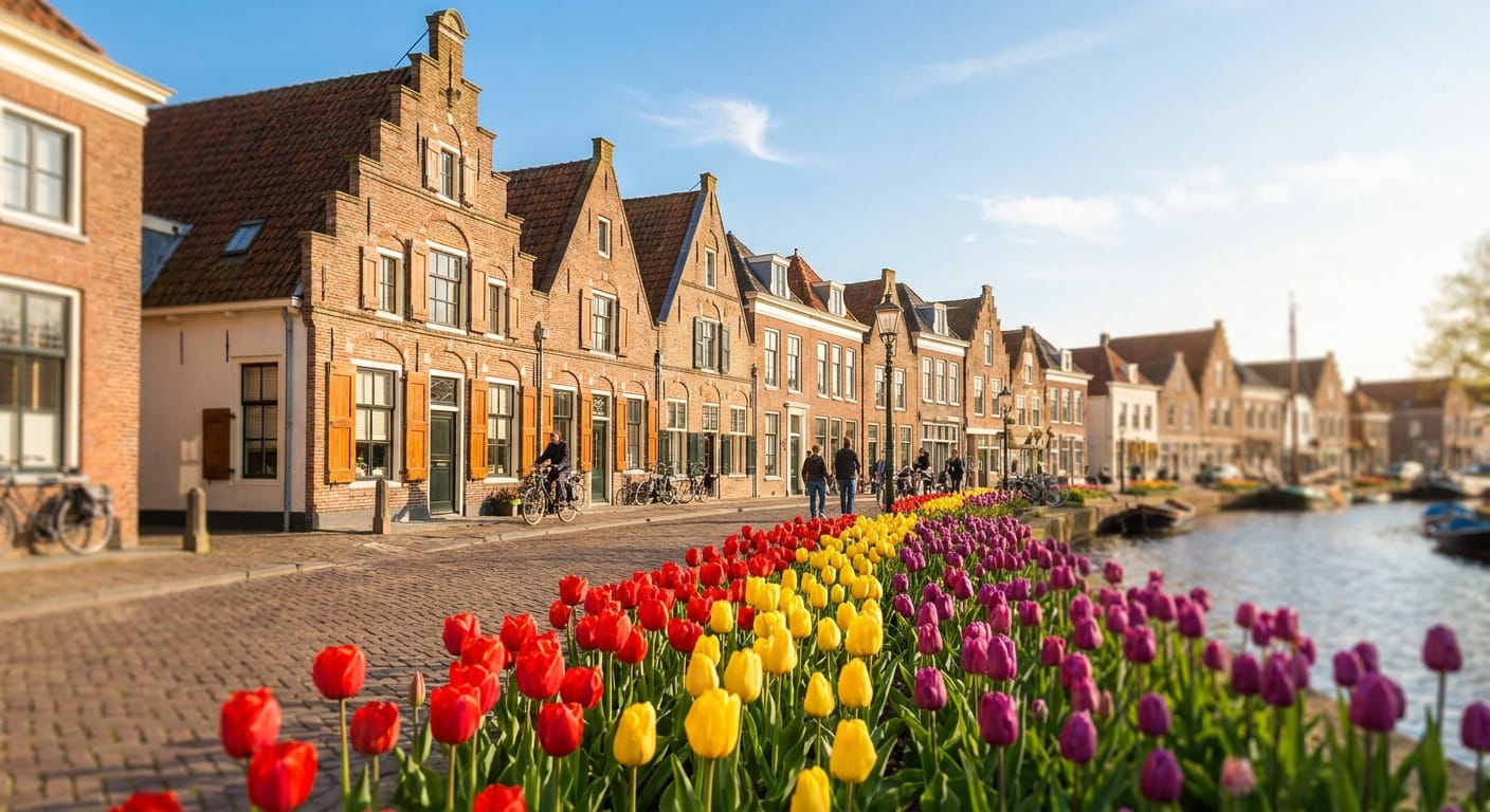Traditional Dutch architecture with rows of bright tulips in the foreground, quaint small-town vibe, sunny spring day, travel photography