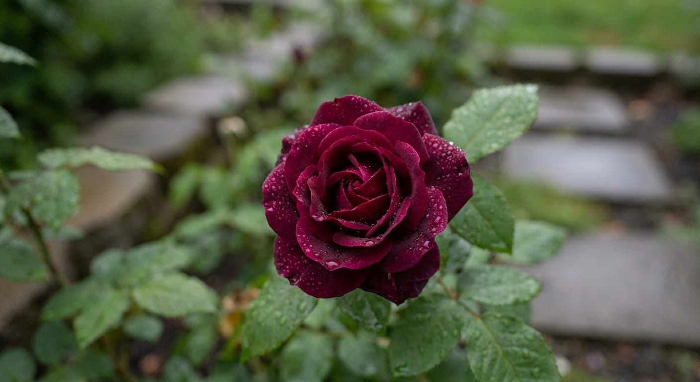 Close-up of a deep velvet red rose in a public garden, soft rain droplets on petals, moody Pacific Northwest lighting, macro photography