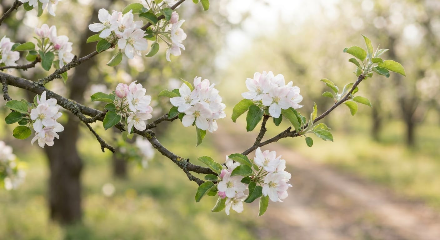 White and light pink apple blossoms on a tree branch, blurred orchard background, soft spring light, gentle atmosphere, nature photography