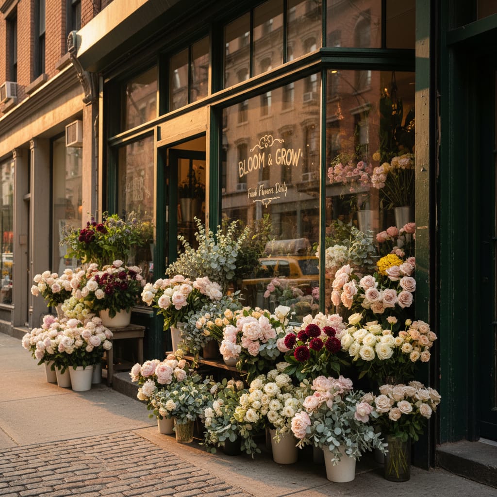 Vibrant New York City flower shop window display with peonies, roses, and dahlias on a Manhattan street
