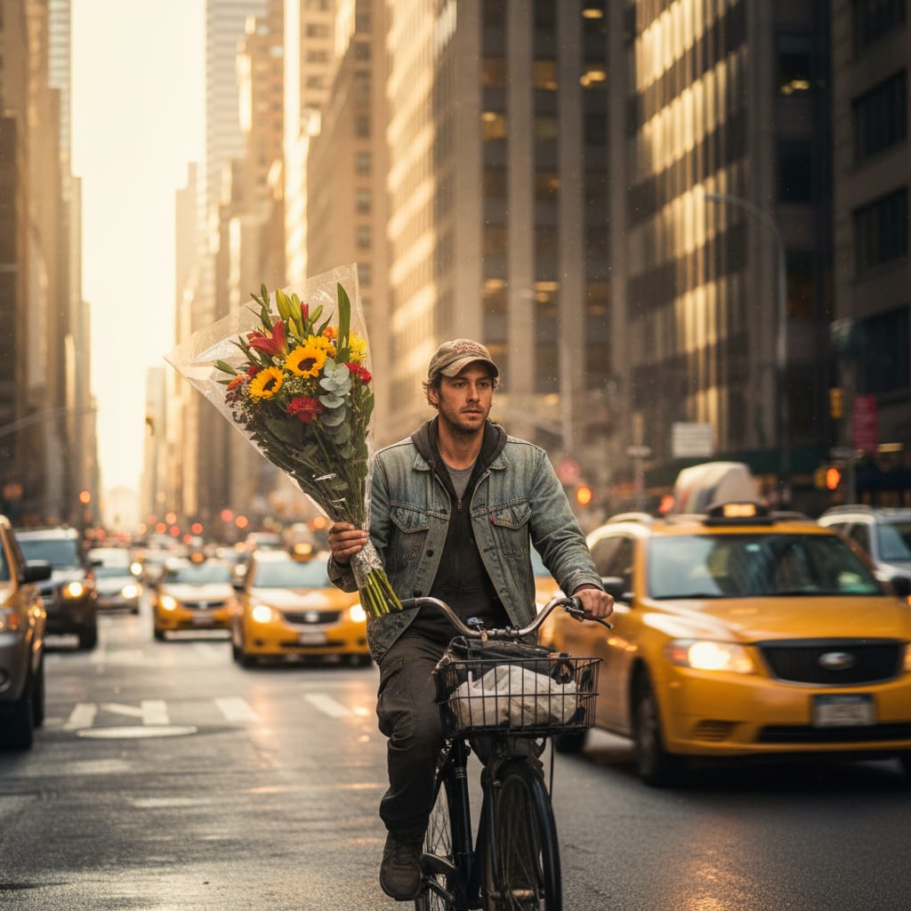 NYC same-day flower delivery bike messenger carrying a bouquet through Midtown Manhattan