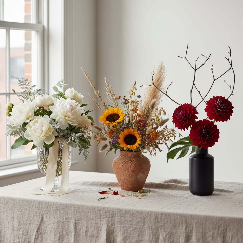Side by side flower arrangements representing different NYC neighborhood styles