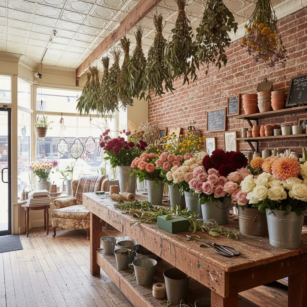 Charming SoHo flower shop interior with hanging eucalyptus and bouquet workstation