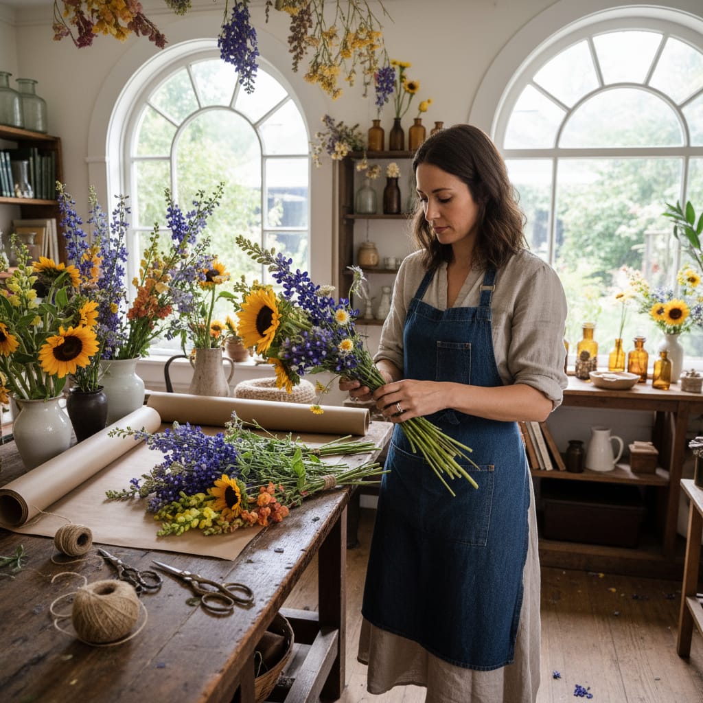Houston florist preparing seasonal Texas wildflower bouquets at workbench