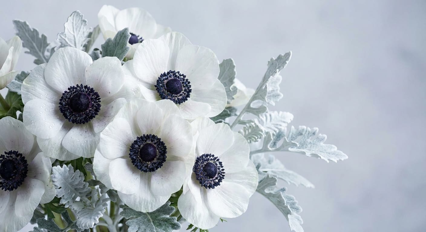Stunning bridal bouquet featuring seasonal white garden roses, eucalyptus, and ranunculus, captured in soft golden hour light, shallow depth of field, high-end editorial wedding photography