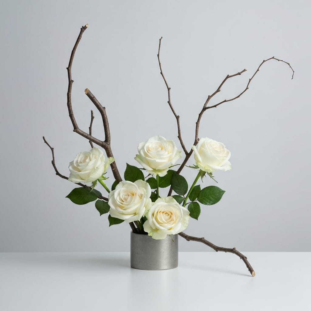 Minimalist arrangement of white roses and dried branches, soft grey morning light, sophisticated late autumn aesthetic