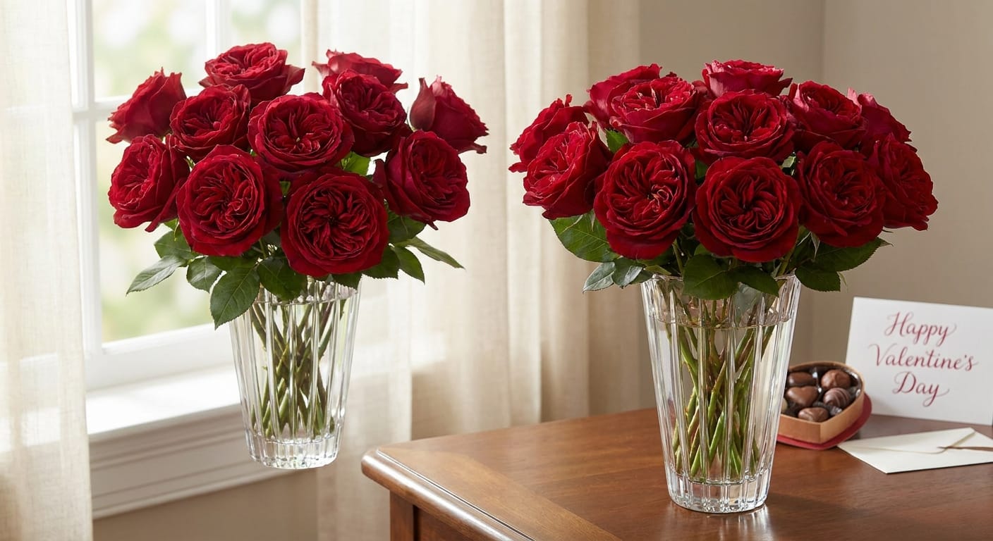 Deep red garden roses arranged in a crystal vase, soft romantic lighting, Valentine’s Day aesthetic, professional floral photography