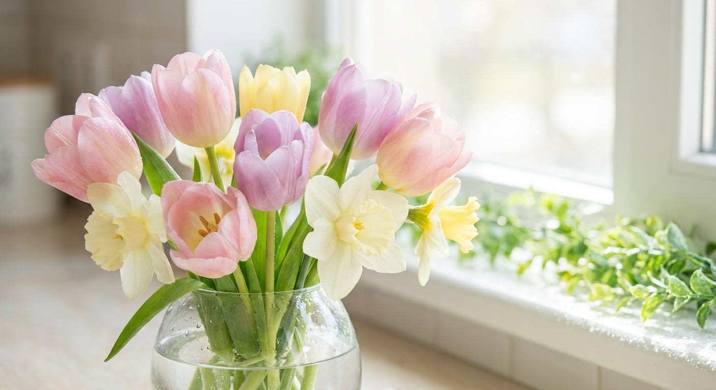 Pastel colored tulips and daffodils in a glass vase, bright natural morning light, fresh spring atmosphere, macro photography