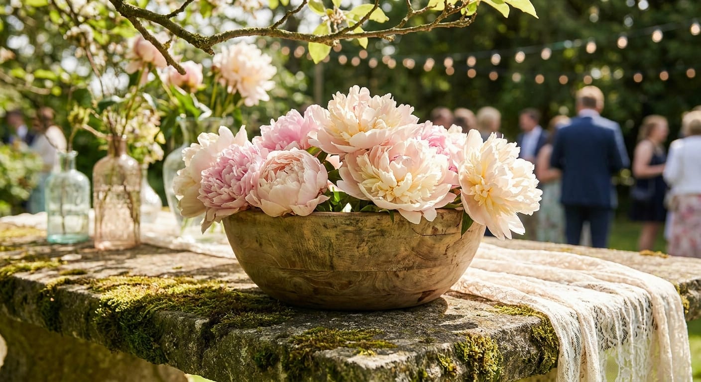 Soft pink peonies in a rustic wooden bowl, dappled sunlight, romantic garden wedding aesthetic, shallow depth of field