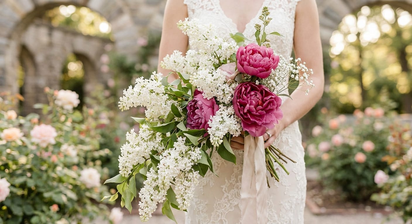 Bouquet of cascading white lilacs and deep pink peonies, soft natural light, garden wedding setting, editorial style