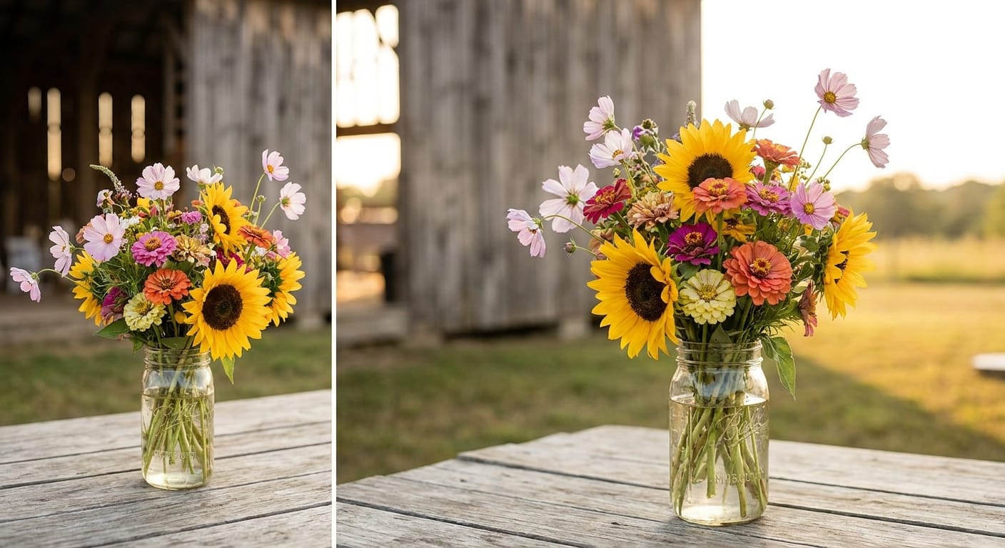 Wildflower arrangement with sunflowers, zinnias, and cosmos in a mason jar, golden hour lighting, rustic barn wedding aesthetic