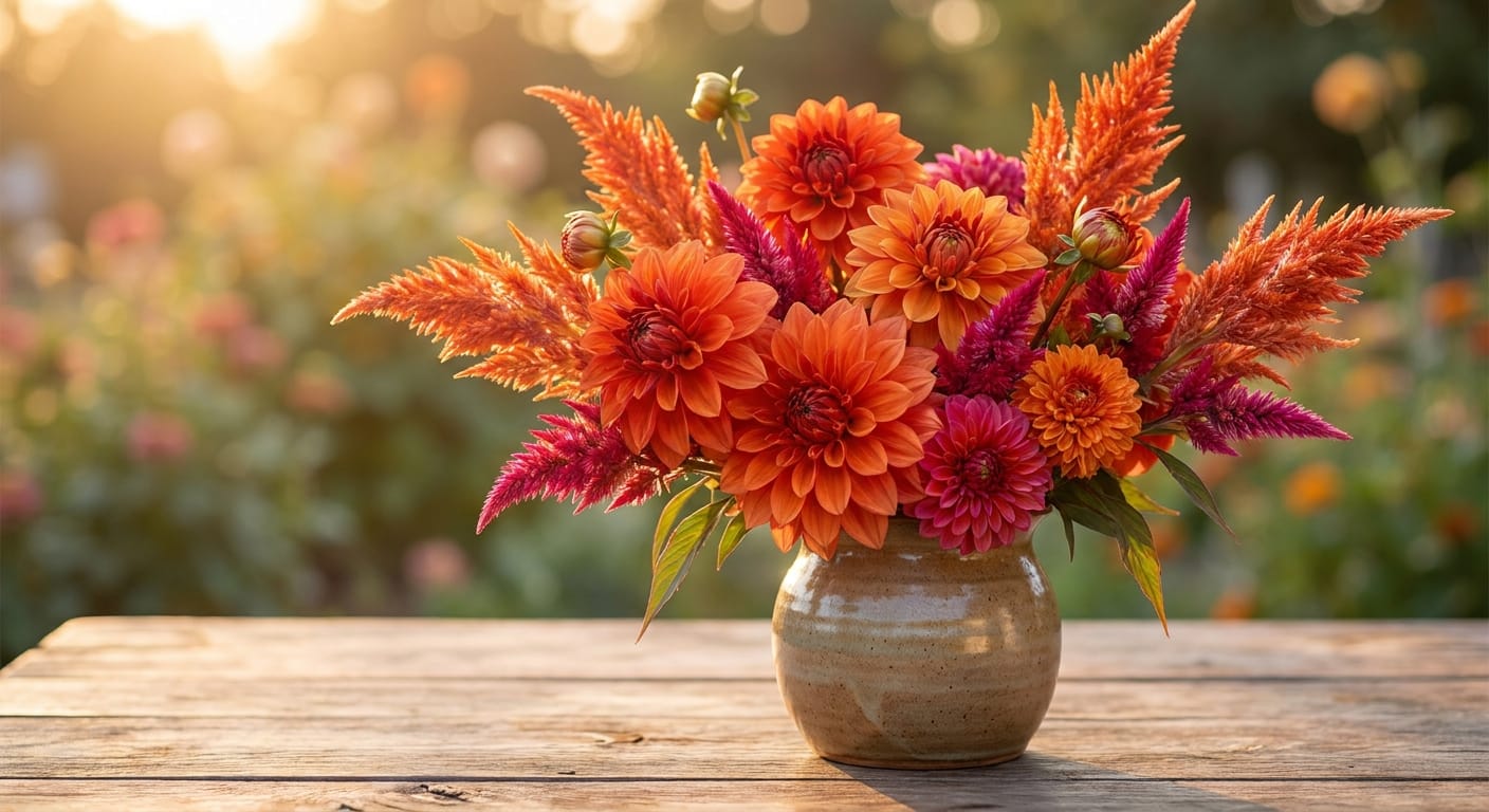 Bright orange dahlias and celosia in a ceramic vase, warm summer afternoon light, vibrant and bold color palette