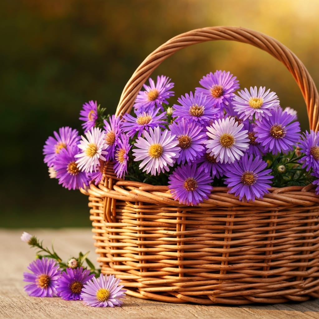 Purple and white star-shaped aster flowers in a rustic wicker basket, golden hour lighting, warm and cozy autumn atmosphere