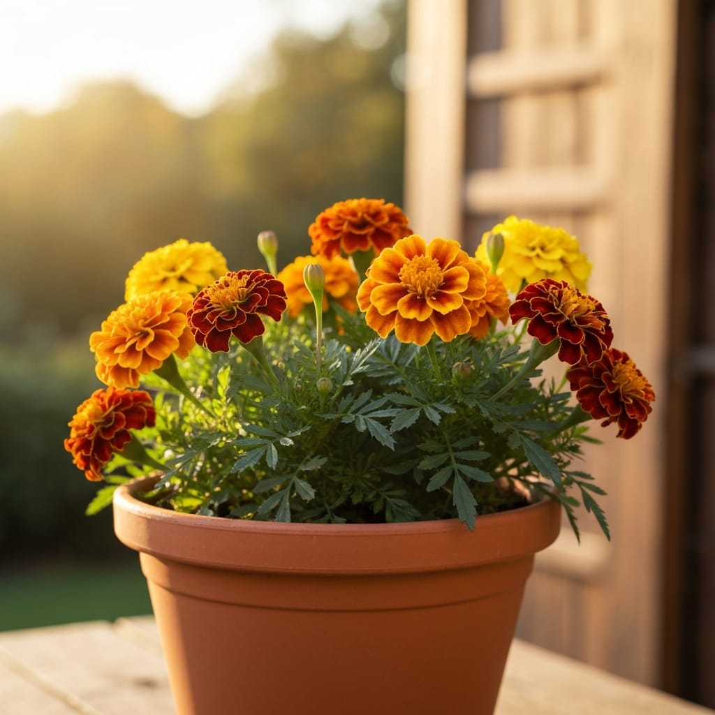 Bright orange and yellow marigold blooms in a terracotta pot, warm autumn sunlight, rustic farmhouse style, shallow depth of field