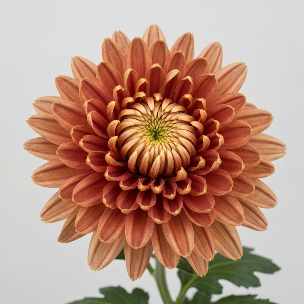 A large, fluffy bronze-colored chrysanthemum bloom, soft indoor lighting, elegant and warm, close-up photography