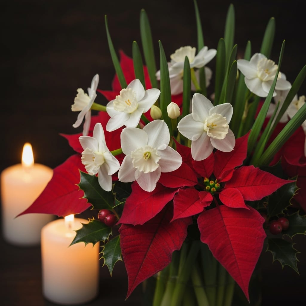 A festive arrangement featuring white paperwhite narcissus and red poinsettia leaves, holiday decor, warm candlelight, cozy winter atmosphere
