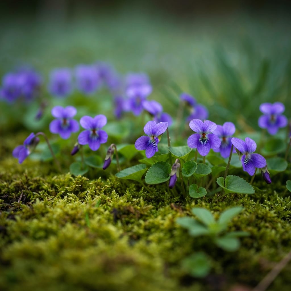 Delicate purple violets nestled in a mossy garden bed, soft morning dew, macro photography, ethereal and romantic lighting
