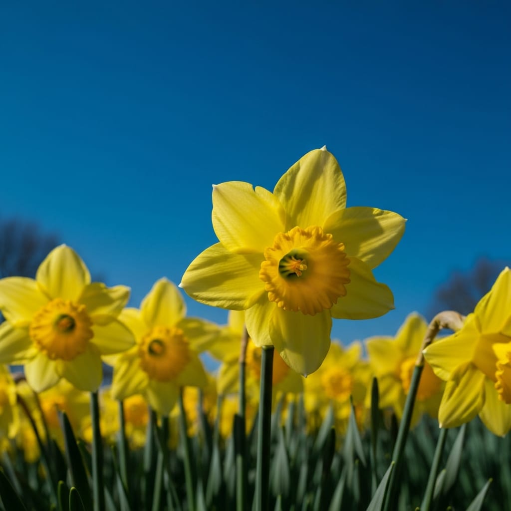 Bright yellow trumpet-shaped daffodils standing tall in a sun-drenched field, vivid colors, high contrast, sharp focus on petals