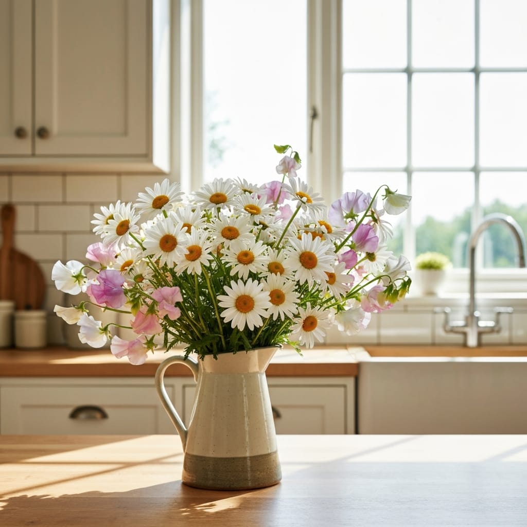A lush bouquet of white daisies with yellow centers mixed with pastel-colored sweet peas, rustic ceramic pitcher, bright airy kitchen setting