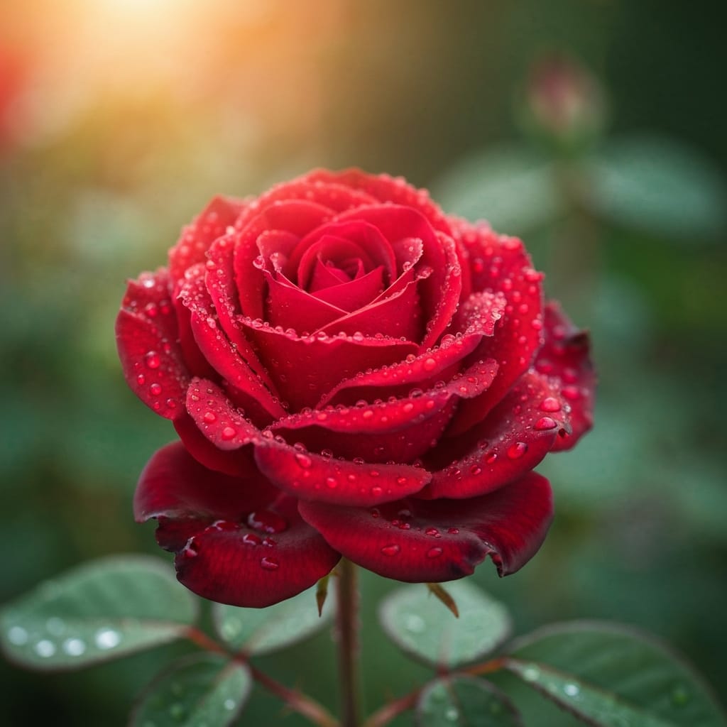 A stunning deep red garden rose in full bloom with dew drops, soft sunset lighting, romantic and timeless, professional floral photography