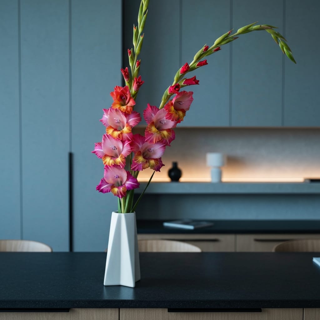 A vibrant, multi-colored stalk of gladiolus in a modern minimalist vase, sharp focus, high-key lighting, contemporary interior design style