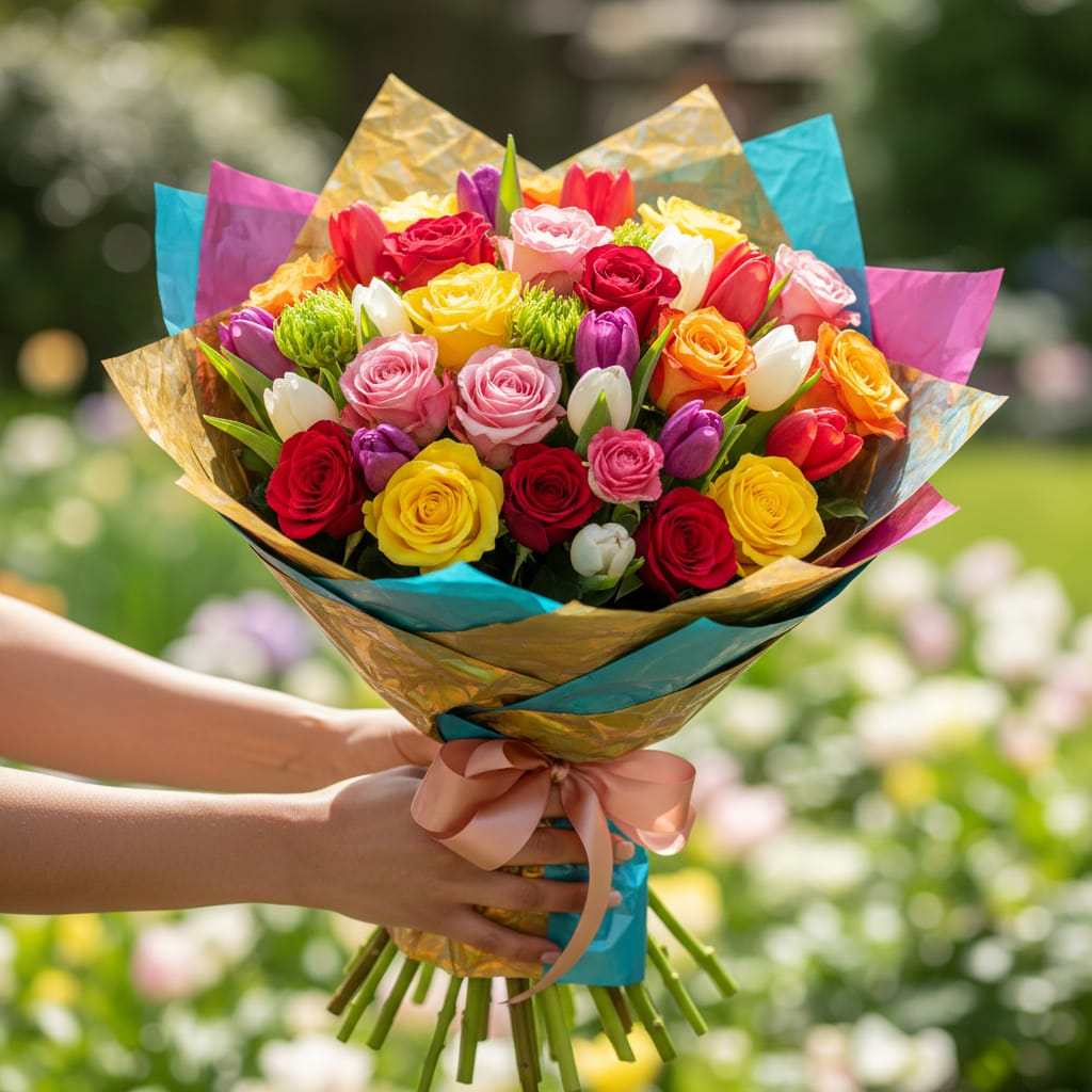 Person giving a colourful flower bouquet as a gift, hands holding wrapped roses and tulips