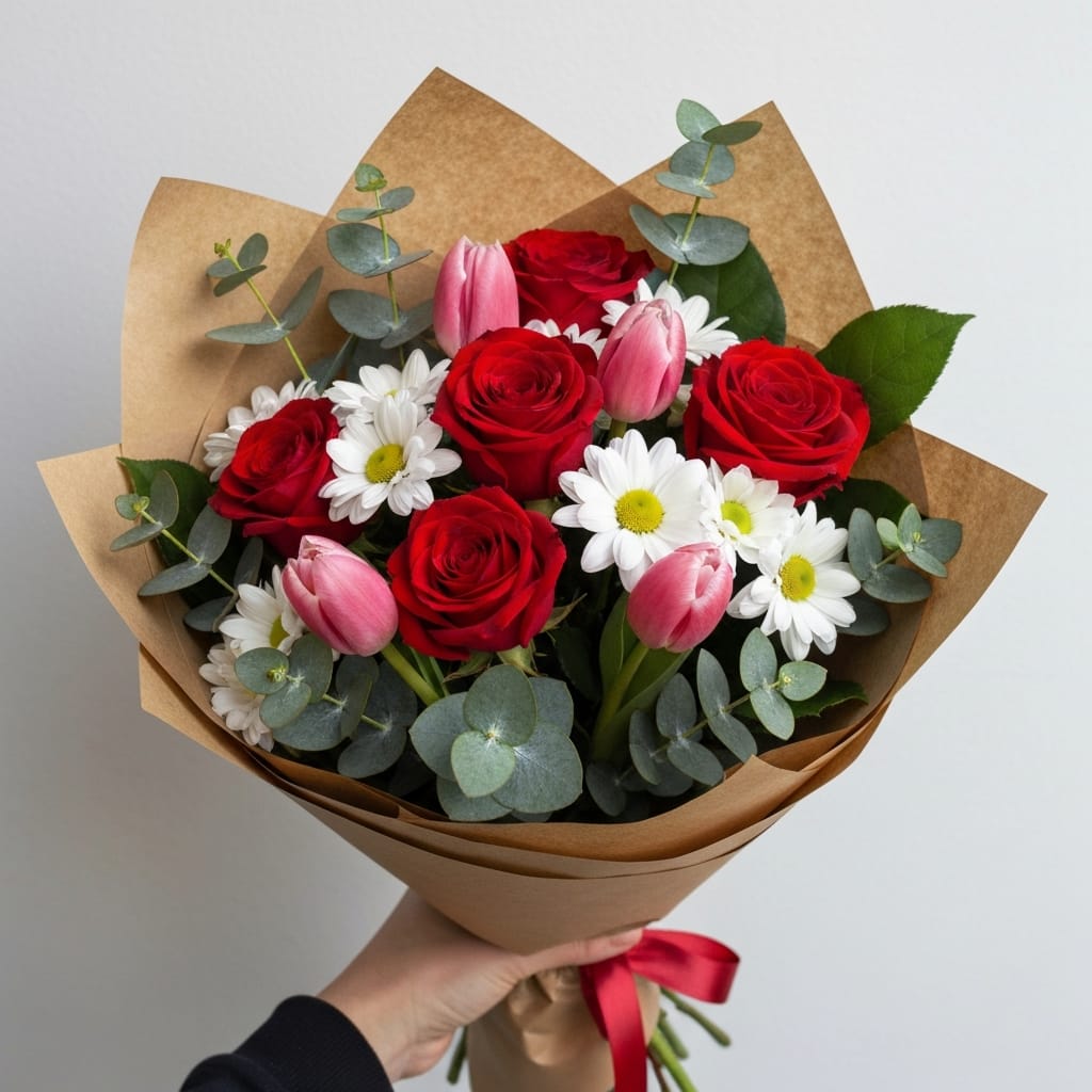 Beautiful mixed flower bouquet with red roses and pink tulips arranged on white marble surface