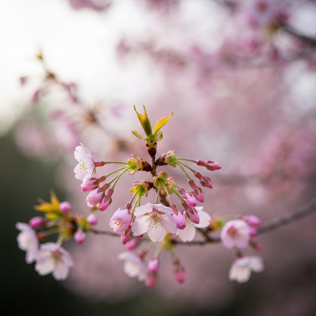 Close-up macro photograph of delicate cherry blossom sakura flowers and buds in various stages of opening
