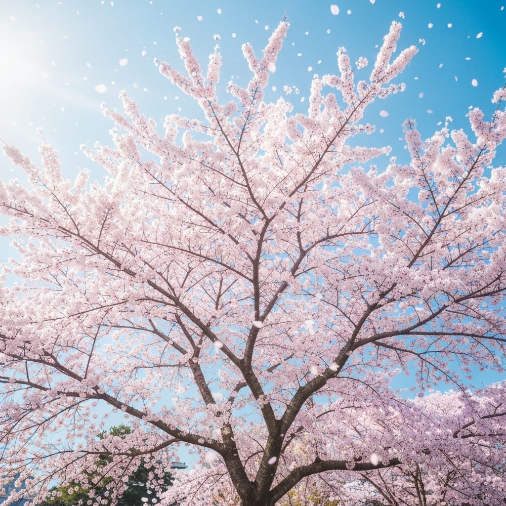 Breathtaking cherry blossom sakura tree in full peak bloom with pink and white flowers covering every branch against a blue sky